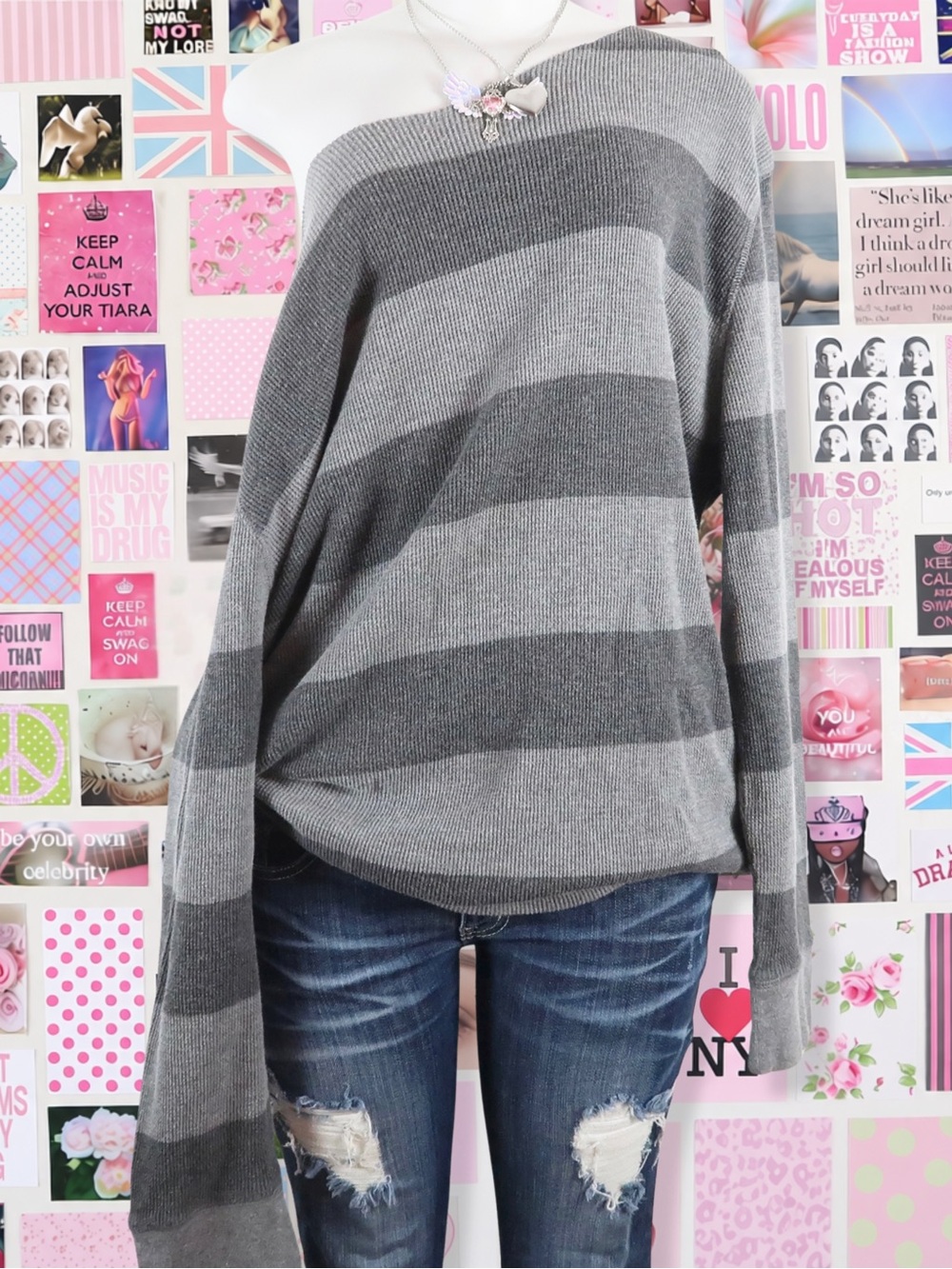 vintage y2k gray striped knit sweater 2000s oversized long sleeve